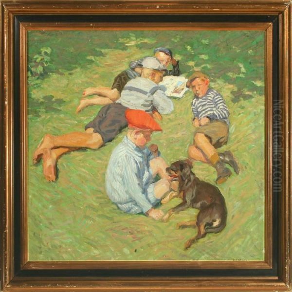 A Bunch Of Boys Sitting On The Grass Oil Painting by Marius Hammann