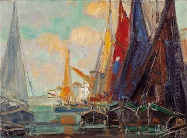 Segelschiffeim Hafen Oil Painting by Otto Hammel