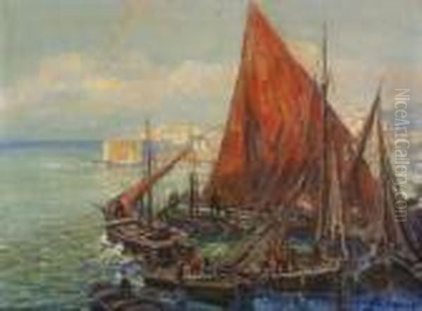 Fischerboote In Sudlichem Hafen Oil Painting by Otto Hammel