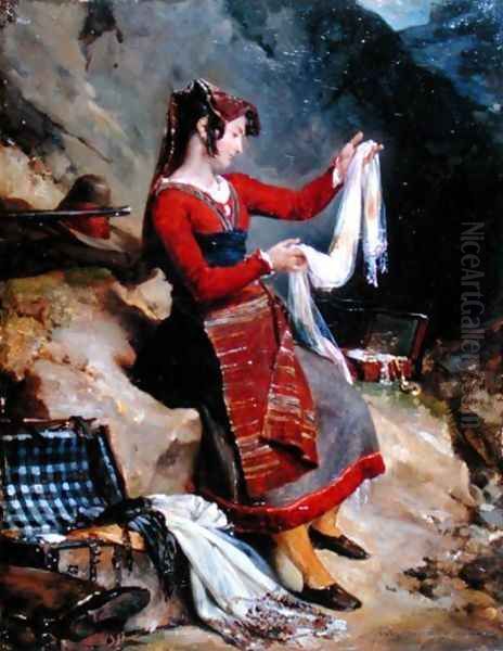 The Wife of an Bandit Examining his Spoils 1825 Oil Painting by Leon Cogniet