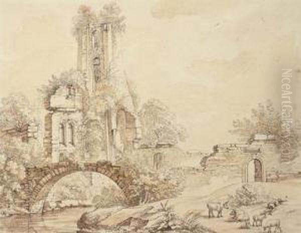 A Ruined Tower By A Bridge, A Herdsman Asleep In The Foreground Oil Painting by Christian Gottlob Hammer