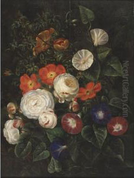 Still Life Of Roses And Bind Weeds Oil Painting by William Hammer