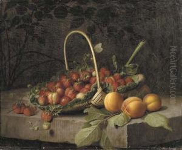 A Basket Of Strawberries And Peaches On A Stone Ledge Oil Painting by William Hammer