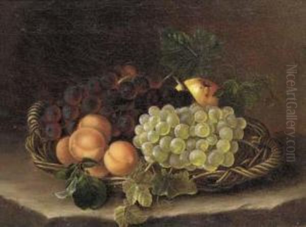 Still Life Of Grapes, Peaches And An Apple In A Wicker Basket Oil Painting by William Hammer