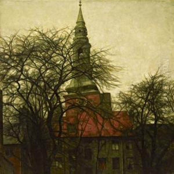 The Spire Of Saintpetri Church, Copenhagen Oil Painting by Svend Hammershoi