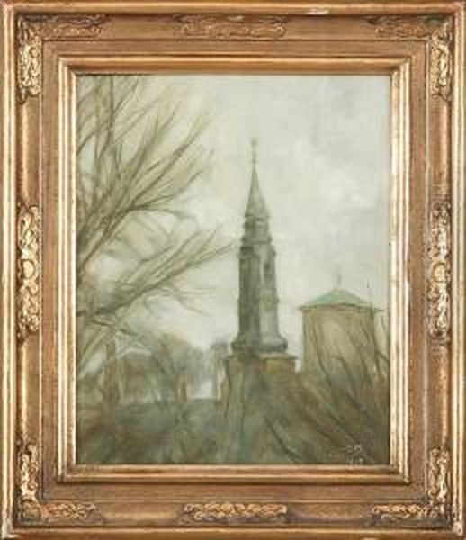 Landscape With Spire Oil Painting by Svend Hammershoi