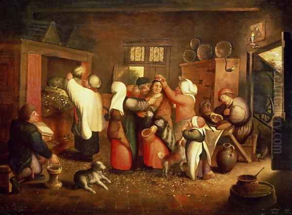 Peasant Wedding Oil Painting by Marten Van Cleve