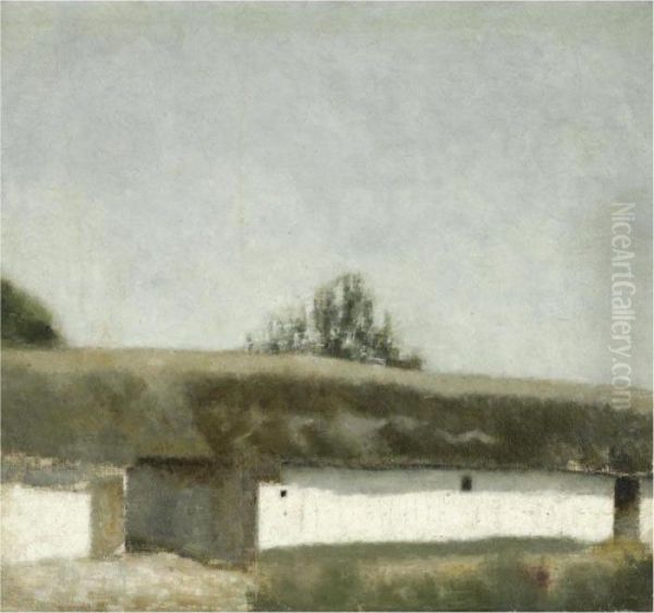 Landskab Med Bondegard (landscape With Farm) Oil Painting by Vilhelm Hammershoi