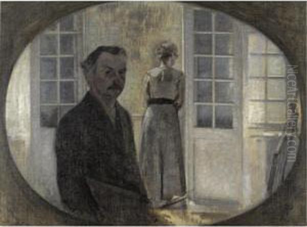 Interior Med Kunstneren Og Hans 
Hustru (double Portrait Of The Artist And His Wife, Seen Through A 
Mirror) Oil Painting by Vilhelm Hammershoi