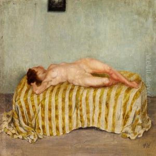 A Nude Woman Layingon A Bed Oil Painting by Vilhelm Hammershoi