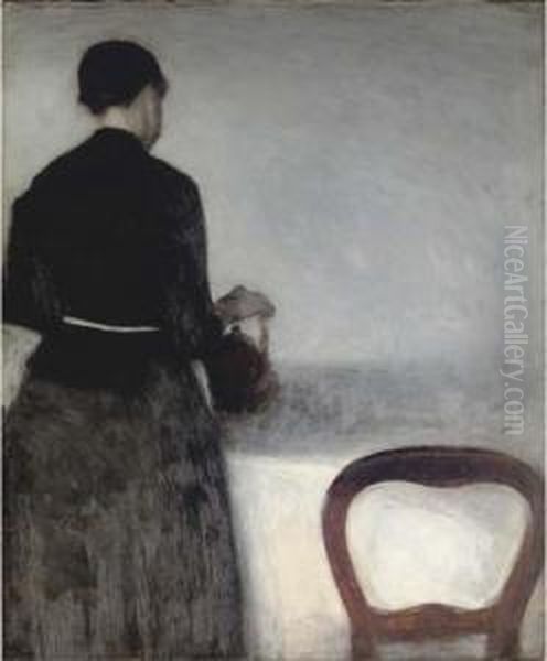 Young Girl Pouring Tea - The Artist's Sister Oil Painting by Vilhelm Hammershoi