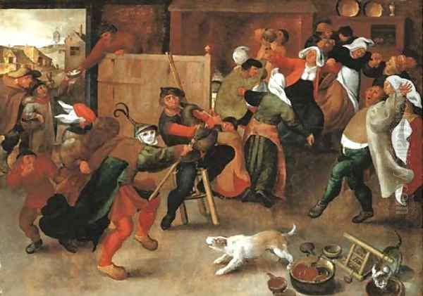 Peasants singing, dancing and drinking in an interior Oil Painting by Marten Van Cleve