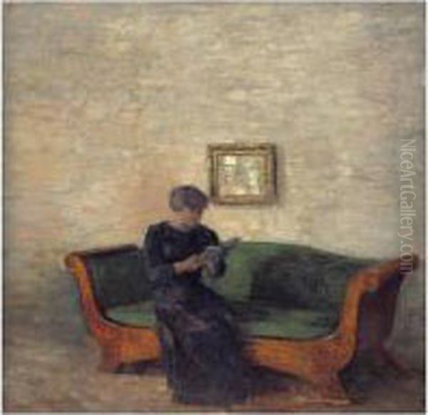 Stue. Pa En Birketraessofa Med 
Gront Betraek Sidder En Sortklaedt Dame (interior With Lady Seated On A 
Birchtree Sofa) Oil Painting by Vilhelm Hammershoi