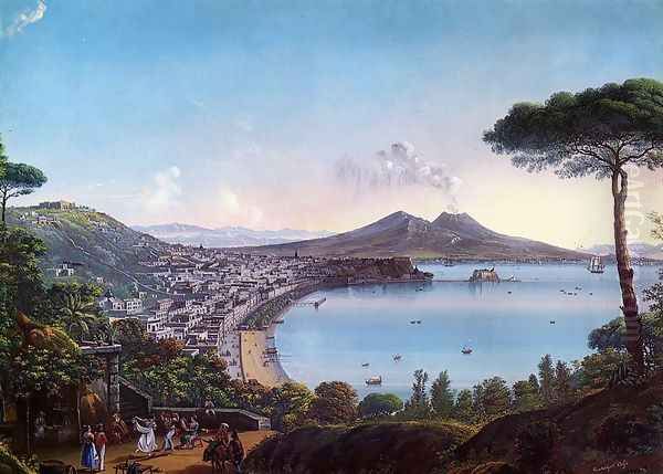 The Bay of Naples with an American Frigate Oil Painting by Nicolino Calyo