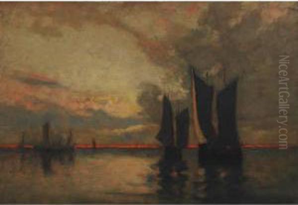 Sailing Vessels At Sunset, Bay Of Fundy Oil Painting by John A. Hammond