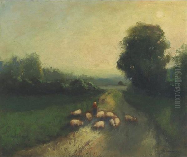 Sheep On A Country Road, Landscape, France Oil Painting by John A. Hammond