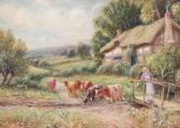 Cattle Watering Before A Cottage Oil Painting by Robert John Hammond