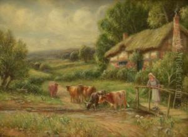 Cattle Watering By A Thatched Cottage Oil Painting by Robert John Hammond