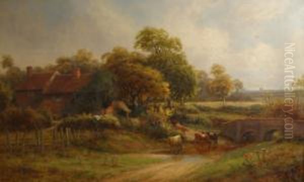 Cattle Watering By Bridge And Cottage Oil Painting by Robert John Hammond