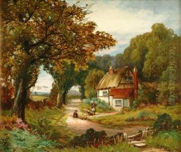 Children Before A Thatched Cottage Oil Painting by Robert John Hammond