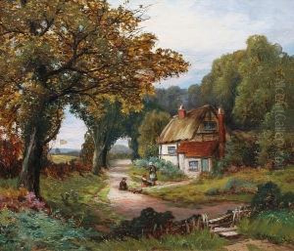 Children Outside A Rustic Cottage Oil Painting by Robert John Hammond