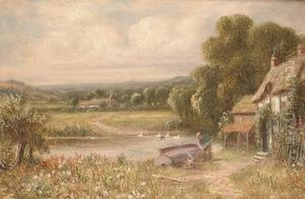 A Figure Repairing A Boat Before A Riverside Cottage Oil Painting by Robert John Hammond