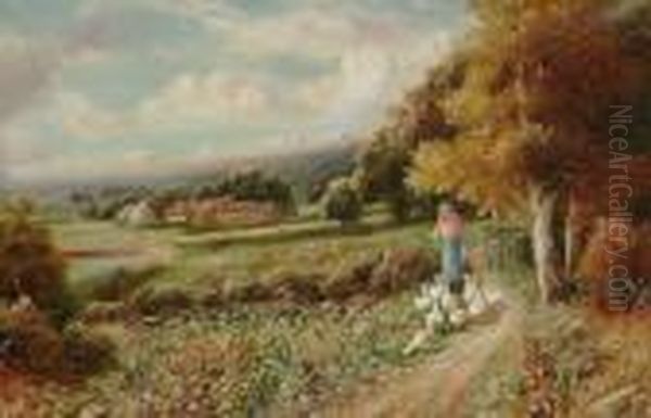 Country Landscapes, Thought To 
Be A View In Warwickshire With Girl Tending Geese And A View In 
Haslemere, Surrey, With Children Playing By A Pond Oil Painting by Robert John Hammond