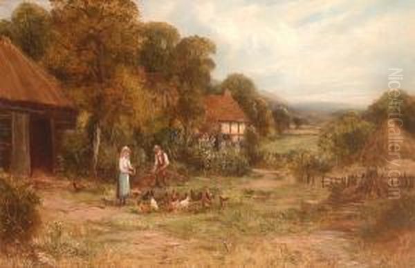 Feeding The Chickens; And A Companion Oil Painting by Robert John Hammond