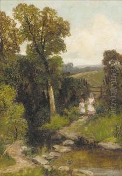 Young Girls By The Stepping Stones Oil Painting by Robert John Hammond