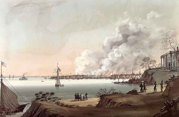 View of New York after The Great Fire Taken from Brooklyn, 1835 Oil Painting by Nicolino Calyo