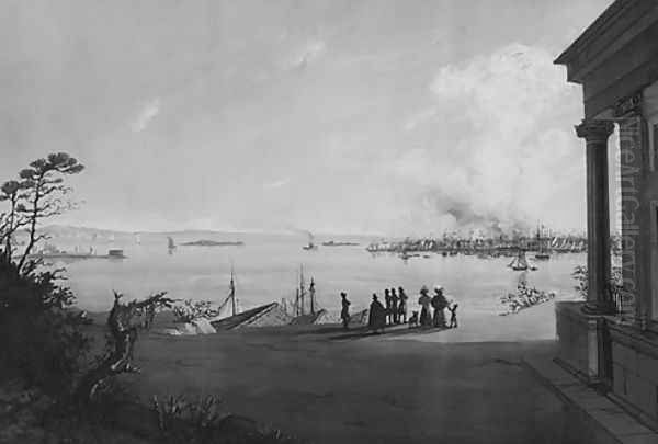 View of the City of New York and Governors Island Taken from Brooklyn Heights on the Morning after the Conflagration Oil Painting by Nicolino Calyo