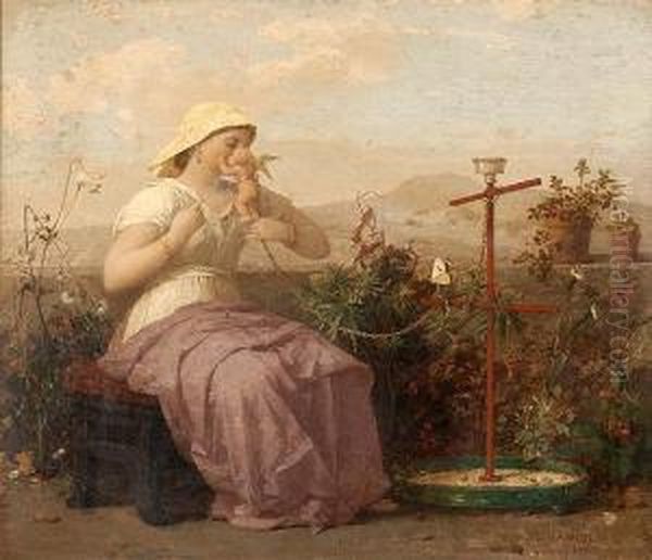 Woman In A Garden Playingwith Small Cherub Chained To A Feeder/post Oil Painting by Jean-Louis Hamon