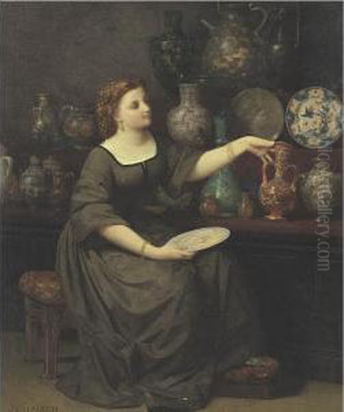 A Lady Seated Admiring A Vase by Jean-Louis Hamon