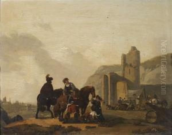 Une Halte De Cavaliers Devant Un Chateau En Ruines Oil Painting by Michel Hamon-Duplessis