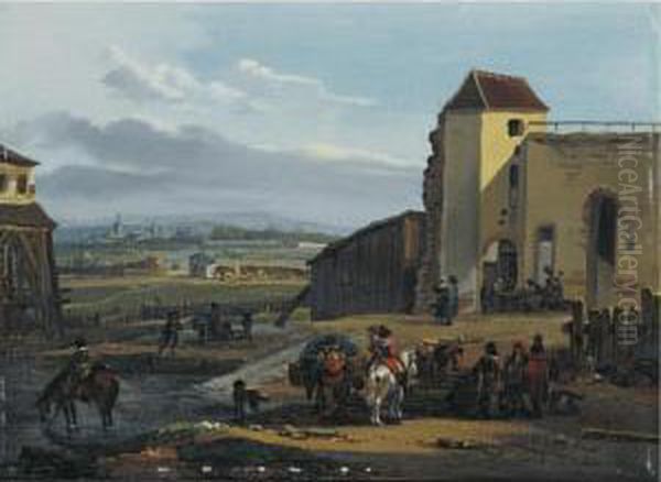 Travellers Resting Before The Fortifications Of A Distant City Oil Painting by Michel Hamon-Duplessis