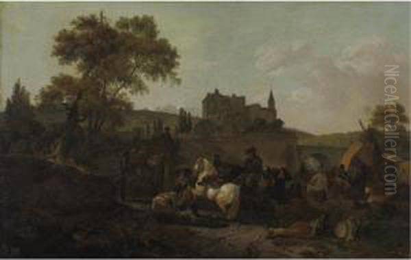 A Military Encampment In Front Of A Town Oil Painting by Michel Hamon-Duplessis