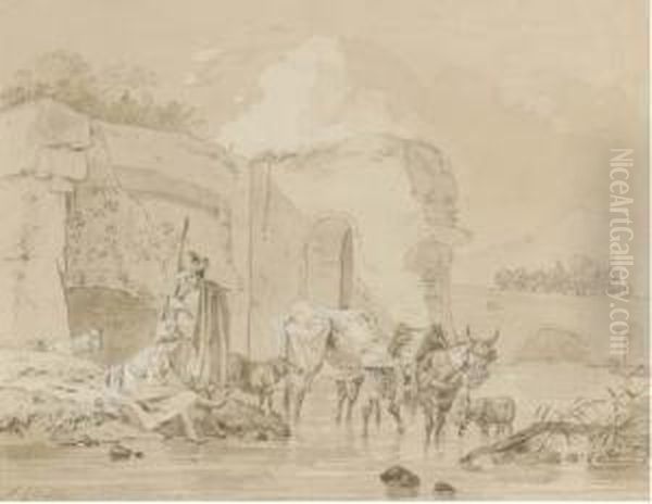 Shepherds Watering Their Animals By A Ruined Bridge, A Horse And Cart Seen Beyond Oil Painting by Michel Hamon-Duplessis