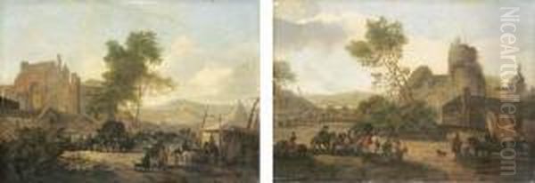 An Extensive Landscape With 
Peasants And Travellers By A Tent; Andan Extensive Landscape With 
Peasants And Travellers, A Townbeyond Oil Painting by Michel Hamon-Duplessis