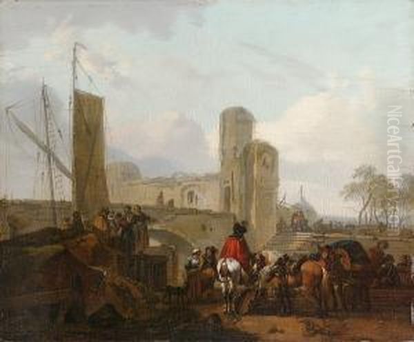 Travellers Feeding Their Horses 
While Stevedores Unload A Barge Beneath A Ruined Castle Beyond Oil Painting by Michel Hamon-Duplessis