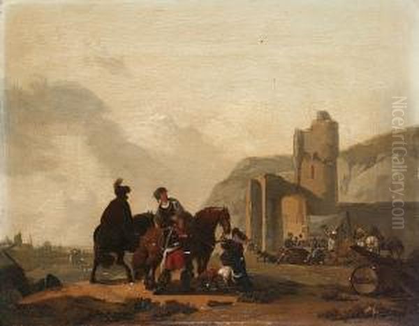 Travellers Approaching A Military Encampment Beside A Ruined Castle Oil Painting by Michel Hamon-Duplessis