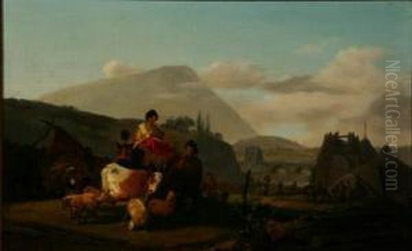 Travelers With Cow And Sheep In A Landscape Oil Painting by Michel Hamon-Duplessis