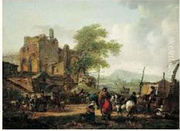 Scene De Campement Militaire Devant L'entree D'un Village Oil Painting by Michel Hamon-Duplessis