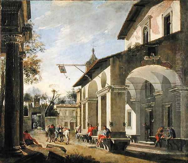 Courtyard of an Inn with Classical Ruins Oil Painting by Viviano Codazzi