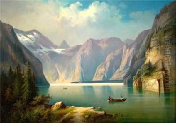 Blick Auf Den Konigssee Mit Personen In Einem Ruderboot Oil Painting by Guido Hampe