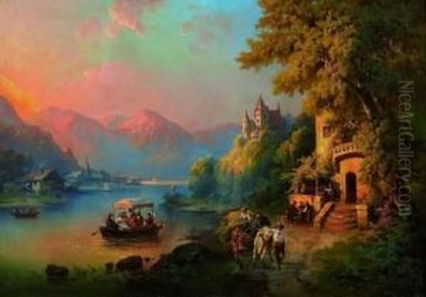 Romantischer Sonnenuntergang An Einem Bergsee Oil Painting by Guido Hampe