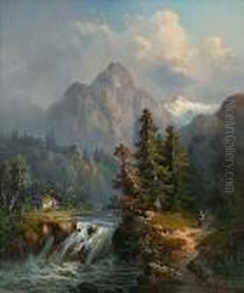 Flusslauf In Den Alpen Mit Gehoft Und Krautersammlerin Oil Painting by Guido Hampe