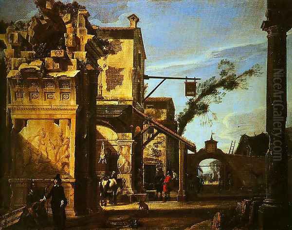 Architectural View with an Inn Oil Painting by Viviano Codazzi