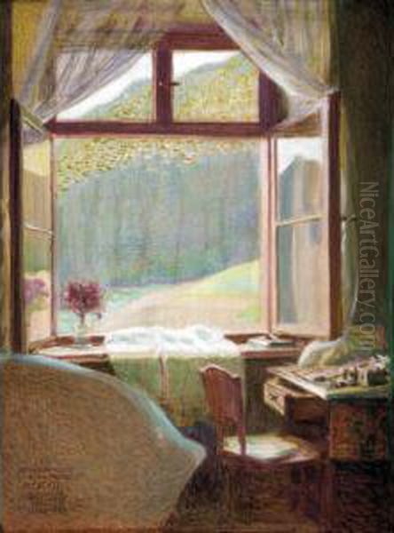 Landscape View Through A Window Oil Painting by Sigmund Walter Hampel