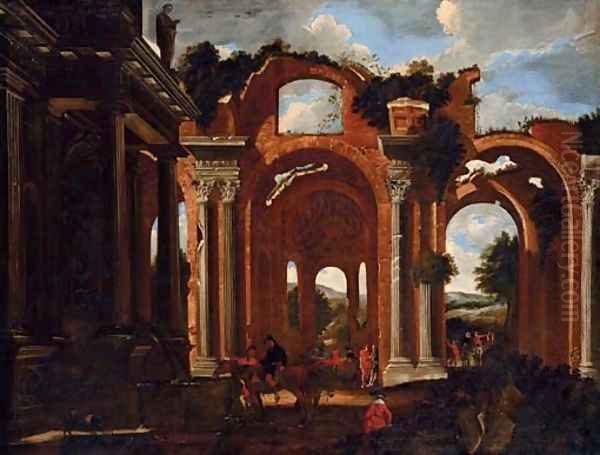 A capriccio of the Basilica of Constantine with travelers by a drinking trough and others resting Oil Painting by Viviano Codazzi