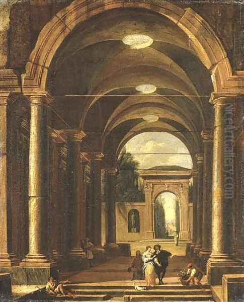 A portico leading to a garden with an elegant couple promenading Oil Painting by Viviano Codazzi